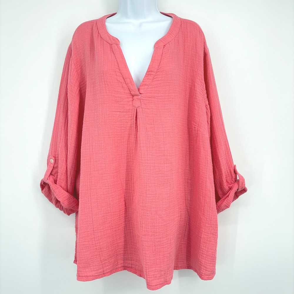 Soft Surroundings Tunic Women 2X Pink Cotton Double Gauze Roll Tab Sleeve Blouse